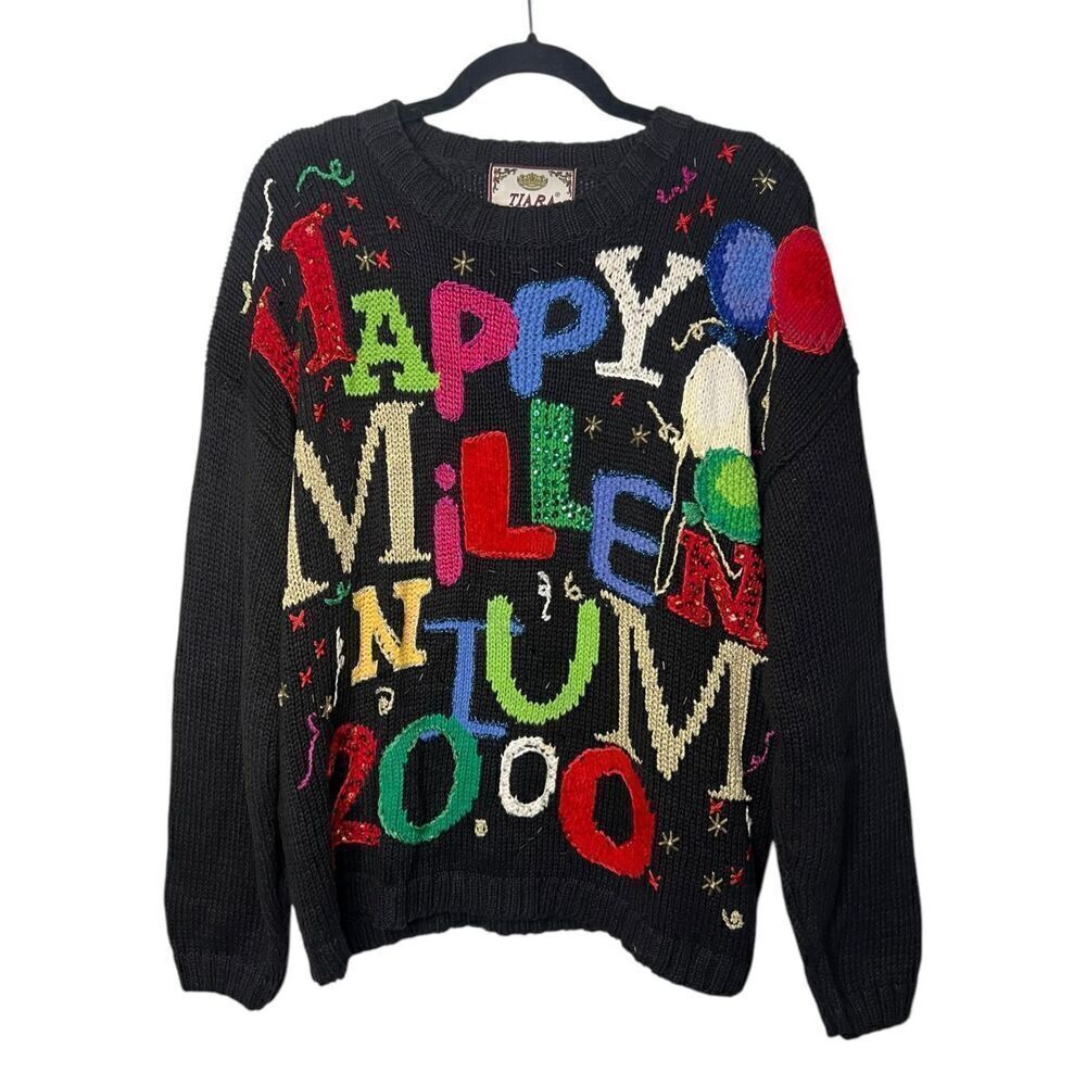 Tiara International Women’s Large Sweater Knit Y2K Happy Millennium 2000